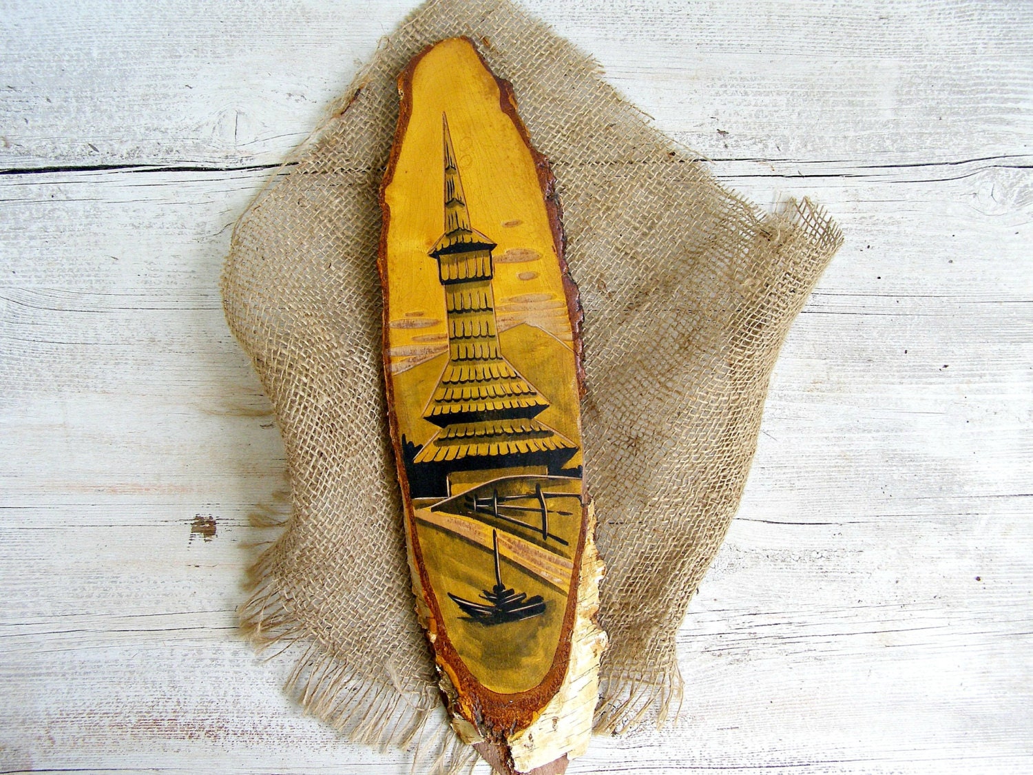 Rustic Wood Wall art, Folk Art Country Church, Hand carved Trunk, European landscape, Soviet Folk Art, Cottage chic, Loft decor, Woodland