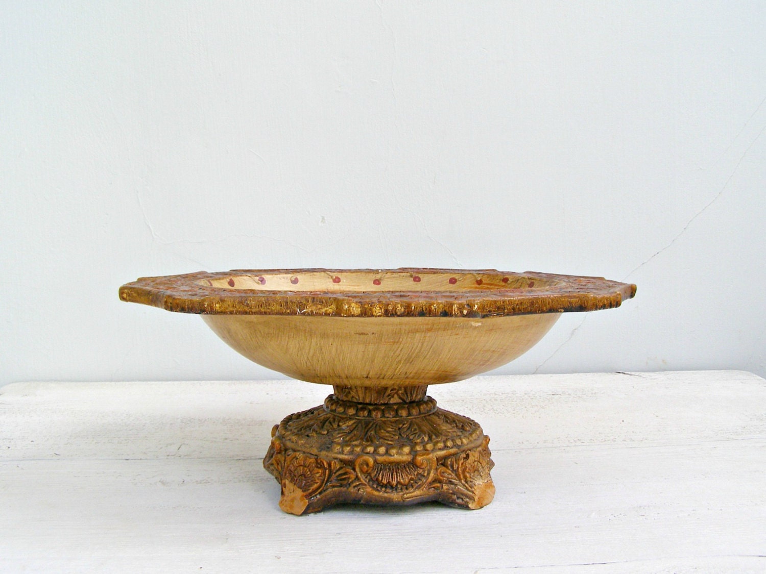 Vintage Stoneware Bird Bath, Ancient Roman style footed Bowl, Ornate Ceramic Bird Bath, Brown Fruit Bowl, Cottage chic, Garden decor,
