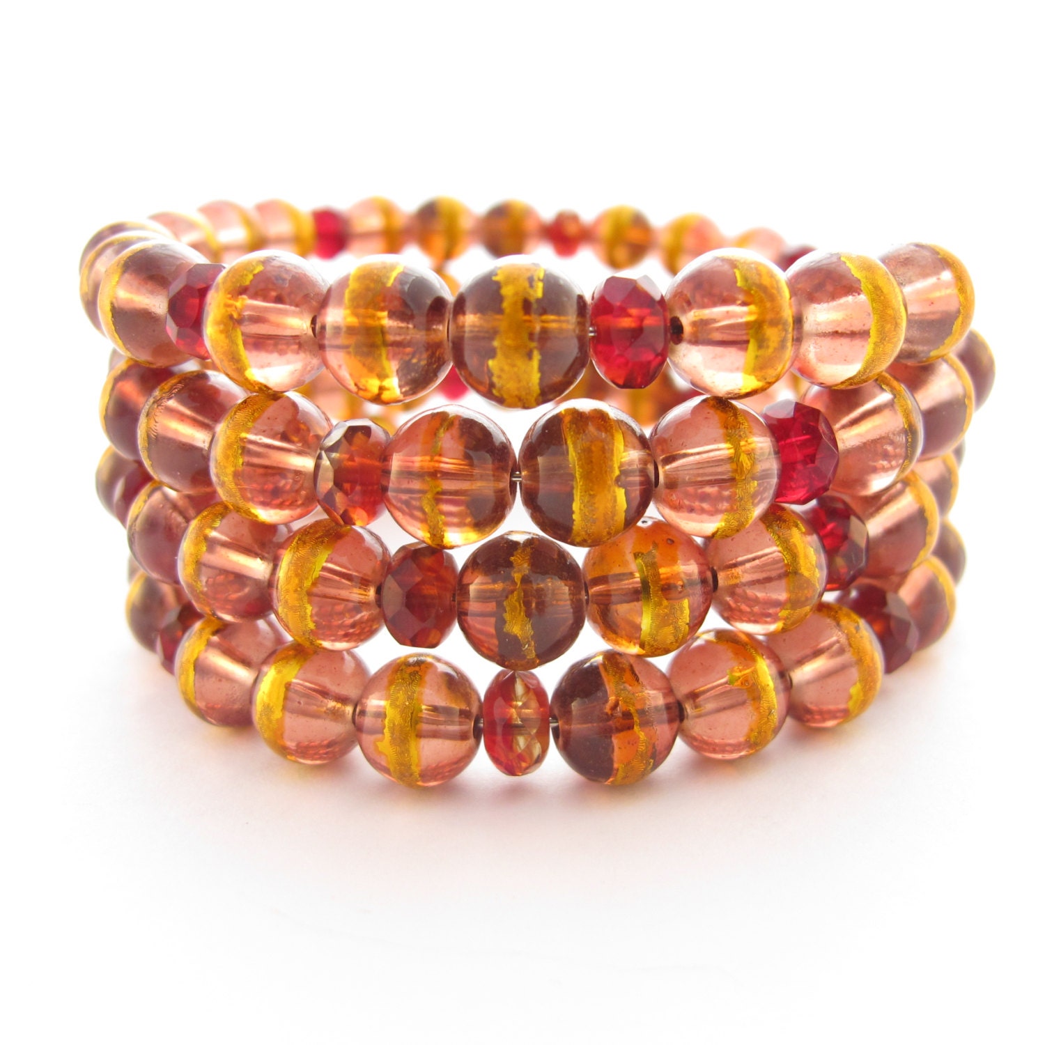Memory Wire Wrap Bracelet - Red with Gold Foil Stripes
