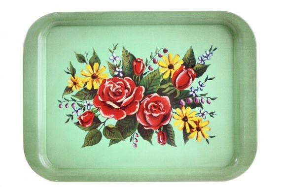 Vintage Metal Tray Mint Green Avocado Flower Lap TV Vanity