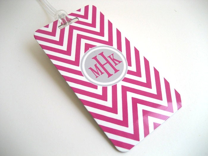 Luggage Tag Pair - Hot Pink Chevron Custom Monogram Luggage Tag Pair- Travel Accessories - Personalized Luggage Tag - Hot Pink Travel Tag