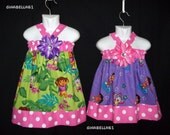 Dora Explorer dress outfit  first Birthday Party halter pink yellow purple flower bow baby girl 6 9 12 24 months 2t 3t 4t