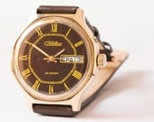 Gold plated men's watch dark brown yellow mechanical wrist watch chunky Soviet
