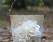 Birch Flower Girl Basket Rustic, Burlap Lace and Roses