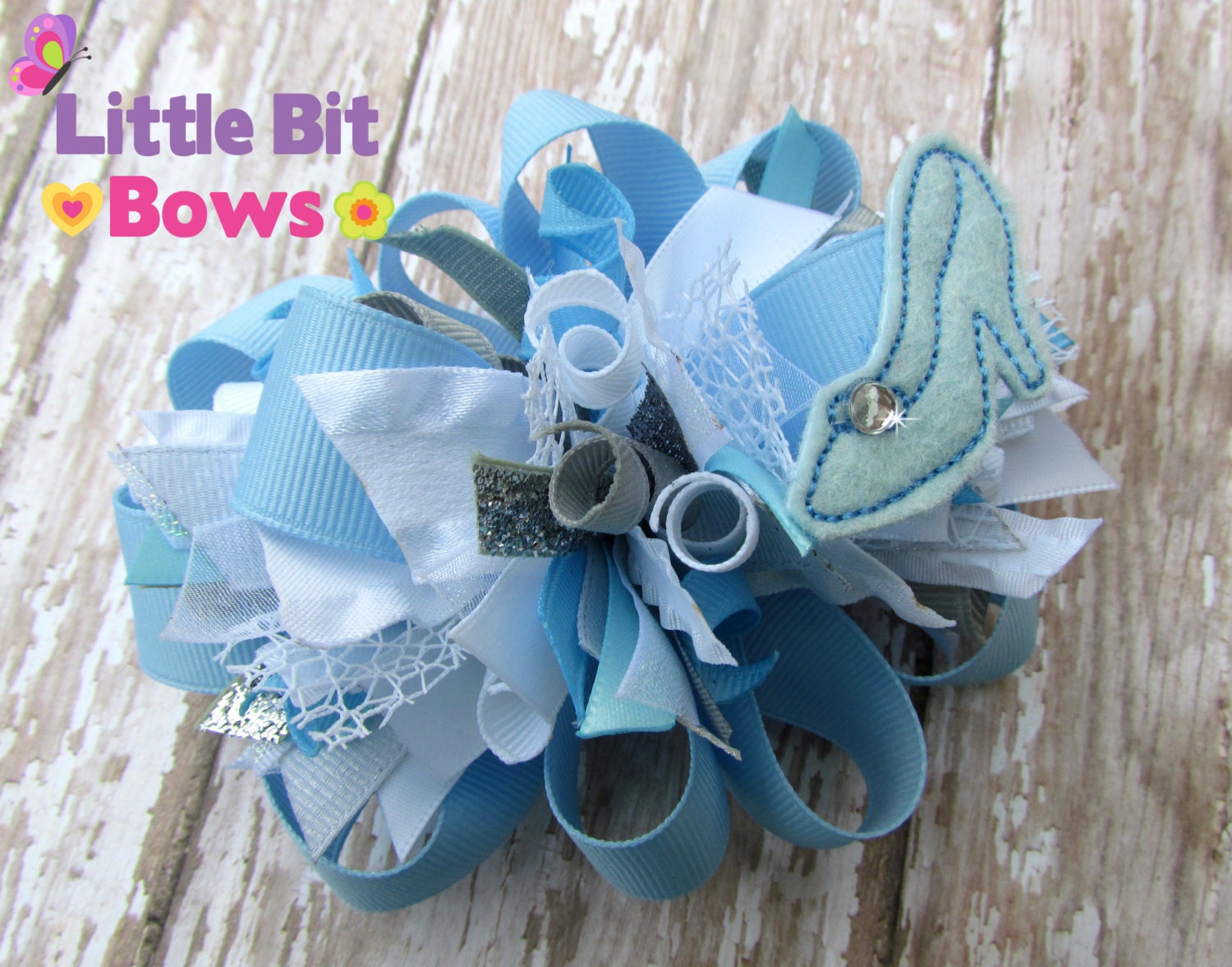 Blue, White, and Silver Princess Slipper Feltie Boutique Funky Bow