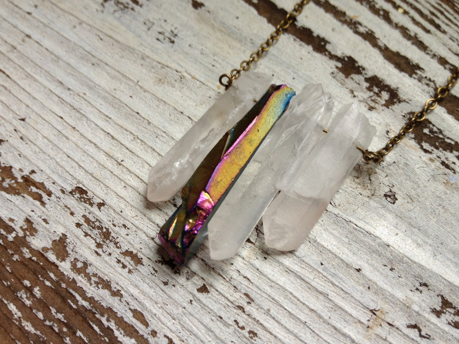 RAINBOW RIVER / Raw Quartz Crystal Necklace - Rough Rainbow Druzy & Clear Quartz Point Chevron Spear Spike Shield - Native, Tribal, Boho