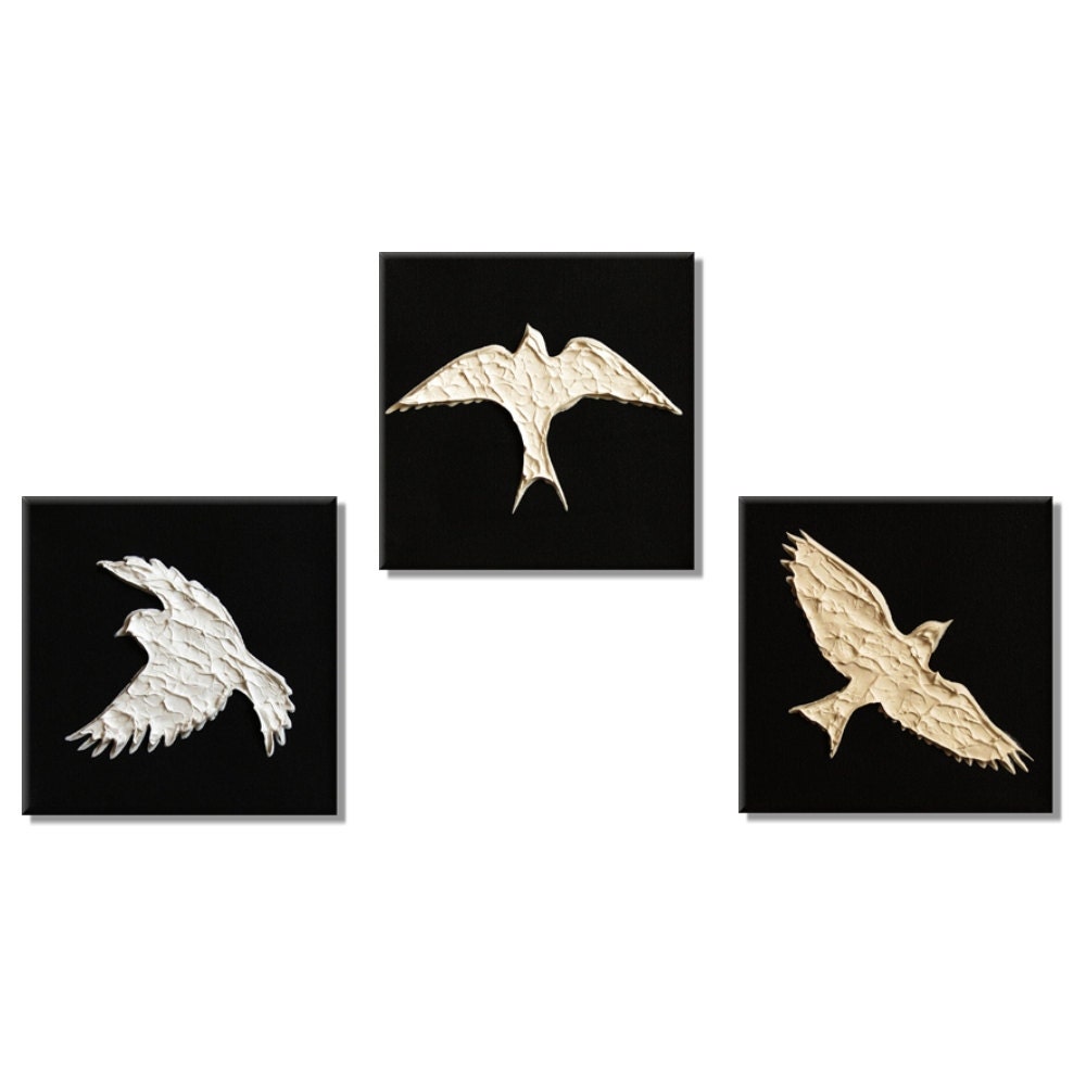 Three Soaring White Birds. Original Handpainted Acrylic Thick 3d Texture Impasto Palette Knife Painting. Size 6 x 6 each.