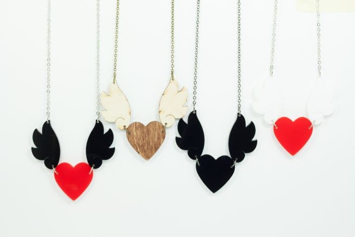 Hearts With Wings Necklace - Handmade - Laser Cut