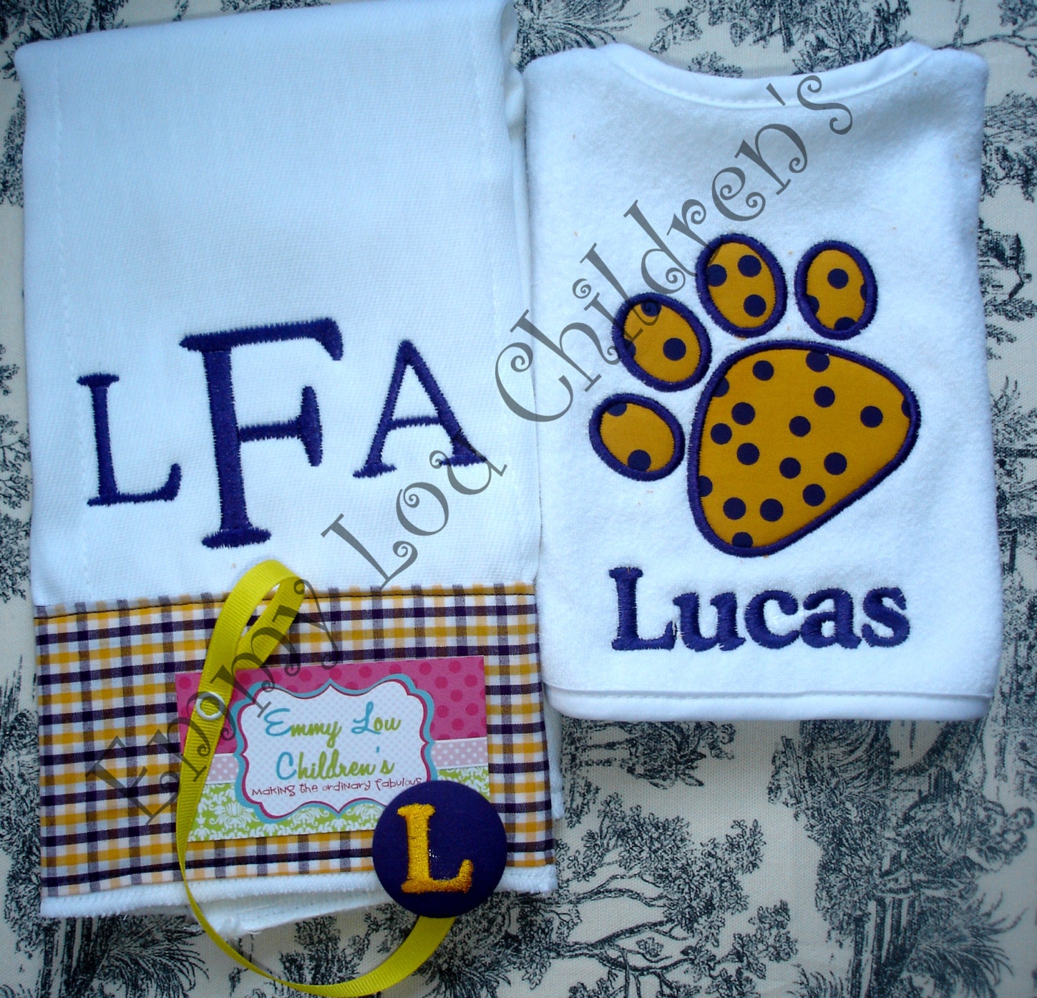 Monogrammed Baby Gift Set - Set of One Monogrammed Burp Cloth, Coordinating Pacifier Clip and Monogrammed Bib - Custom Gift Set. LSU Themed