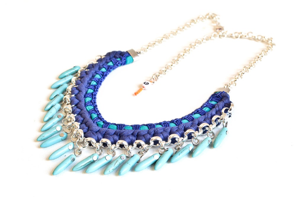 Turquoise Spike Charm Bib, Statement Necklace, Fabric Necklace, Navy Blue Teal Silver Plated Chain