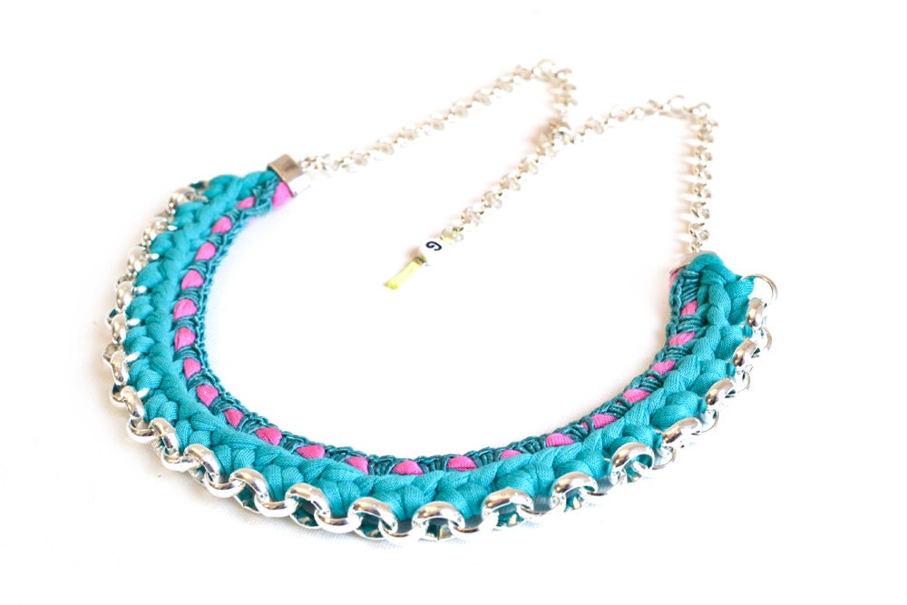 Tribal Necklace, Fabric Necklace, Crochet Bib, Emerald Green Turquoise Hot Pink Jersey Yarn 50cm