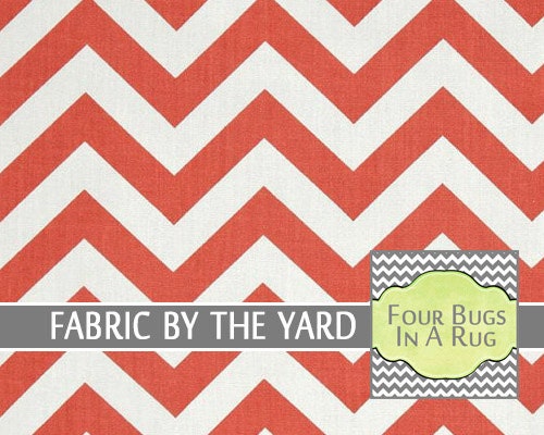 Chevron Fabric By The Yard - Coral and White Chevron Zig Zag Pattern Home decor fabric