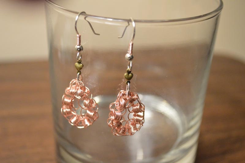 Rose Colored Copper Crochet Wire Earrings with Heart and Silver