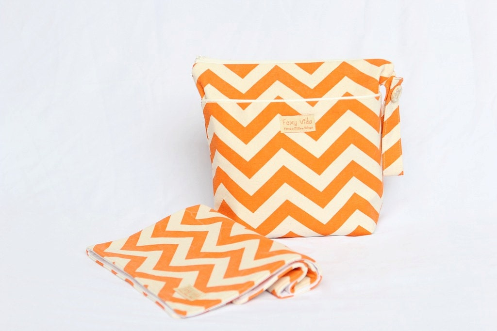 FREE SHIPPING - Wet Bag Set With Dry Pocket and Changing Pad Tangerine Natural Chevron