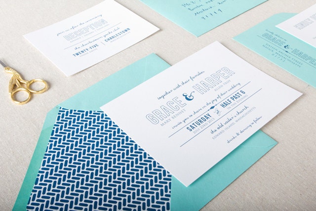 Lucy Wedding Invitation  in Teal and Navy - SAMPLE - Modern Typography Wedding Invitation - Flat Print or Letterpress Invitation