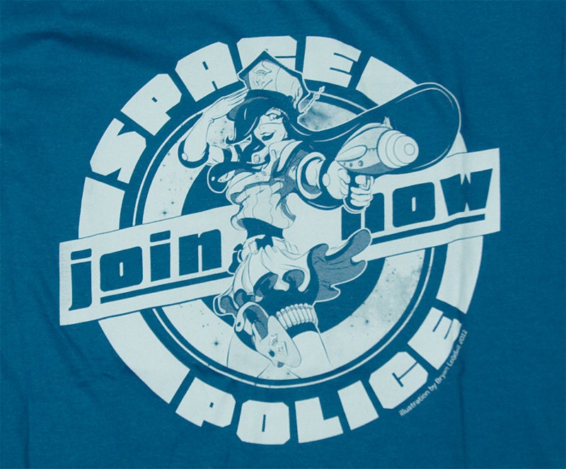 Space Police pinup girl retro futuristic anime inspired tshirt - Indigo Blue