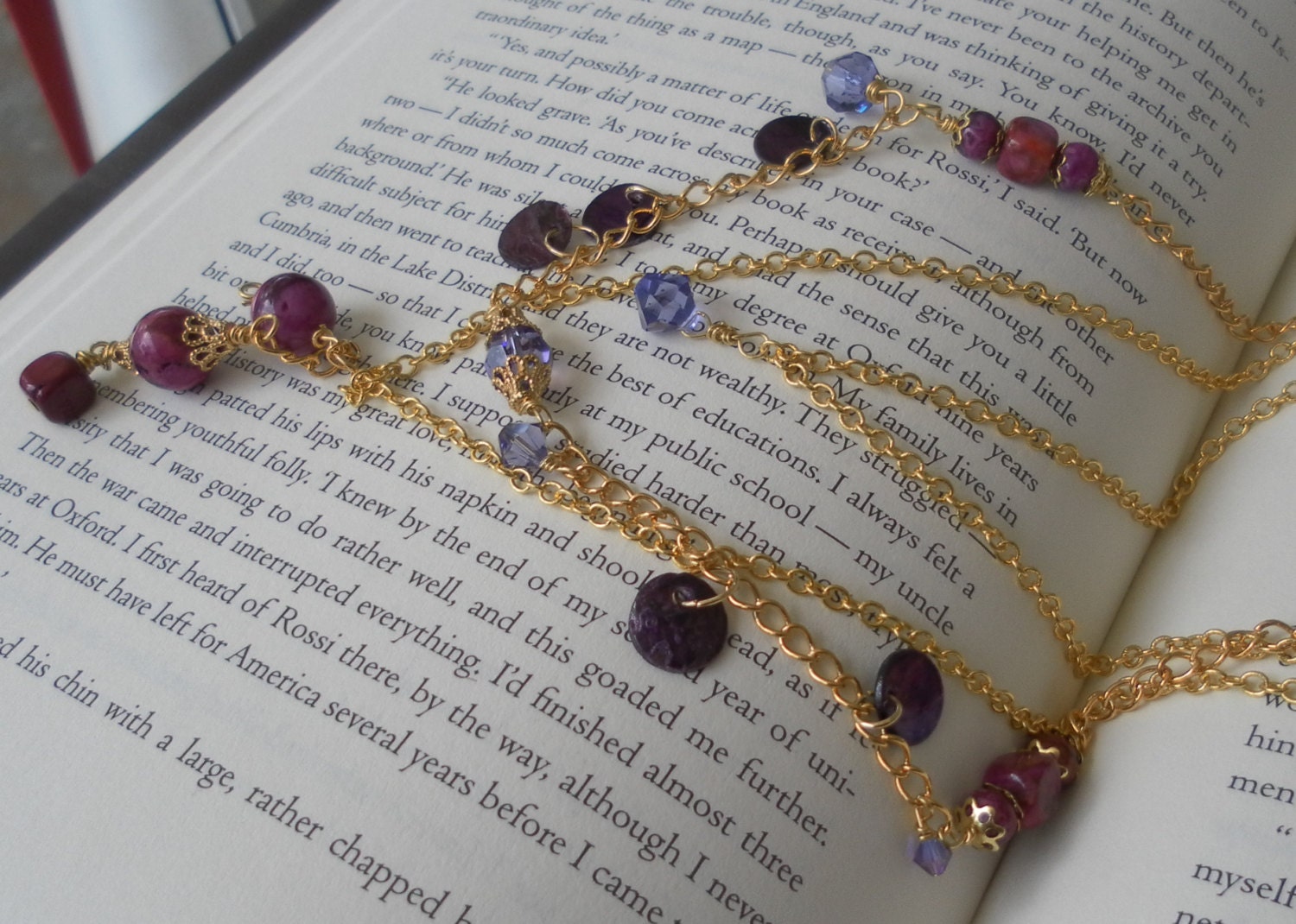 Pink Purple Necklace Spring Summer Necklace Gold Triple Strand