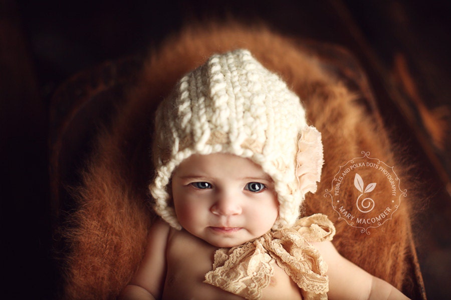 Newborn Bonnet - Pretty Twists Vintage line - FLOWERS AND LACE - Larger Sizes available - knitbysarah - Stitches by Sarah