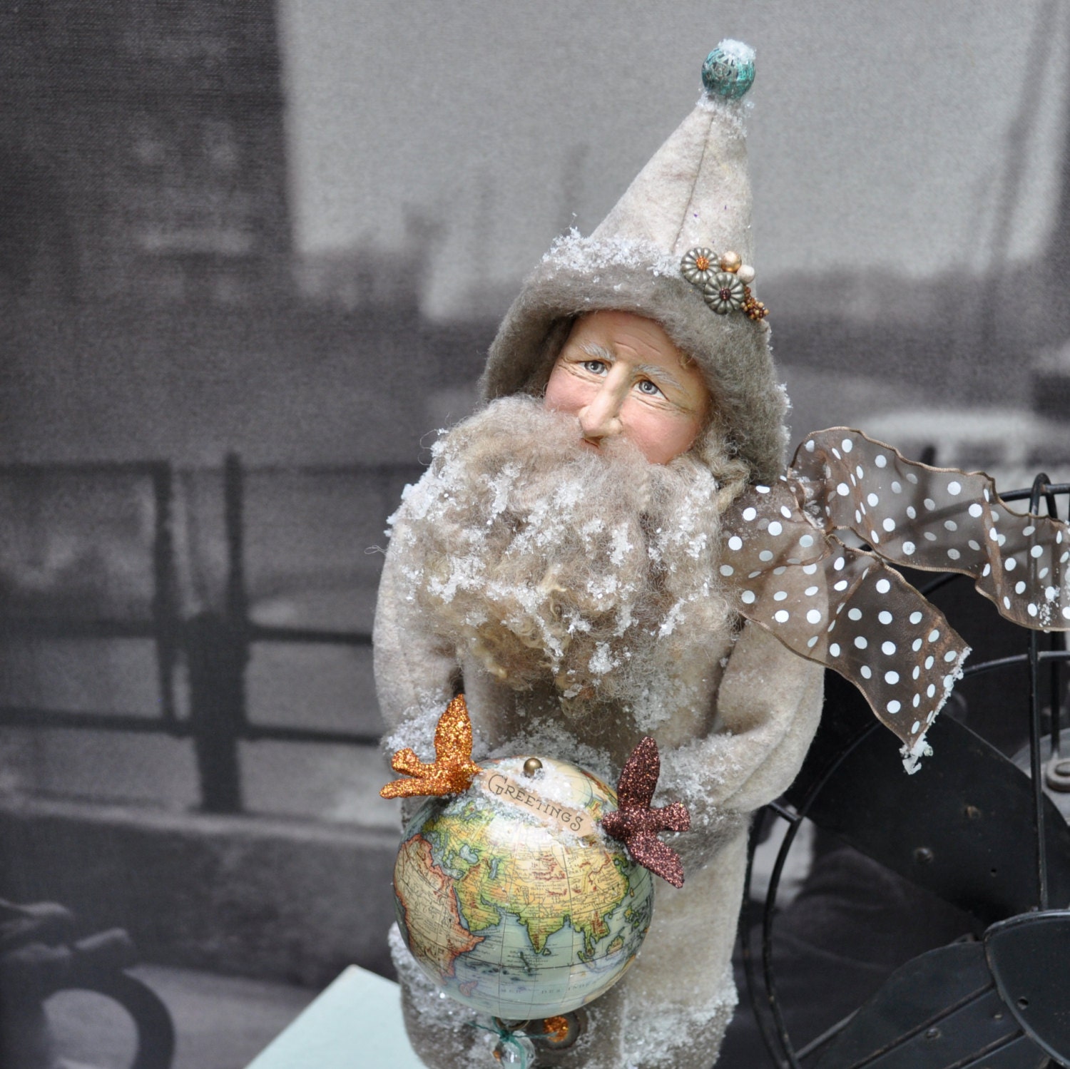 Vintage look Santa art doll holding world globe - OOAK clay and cloth figure