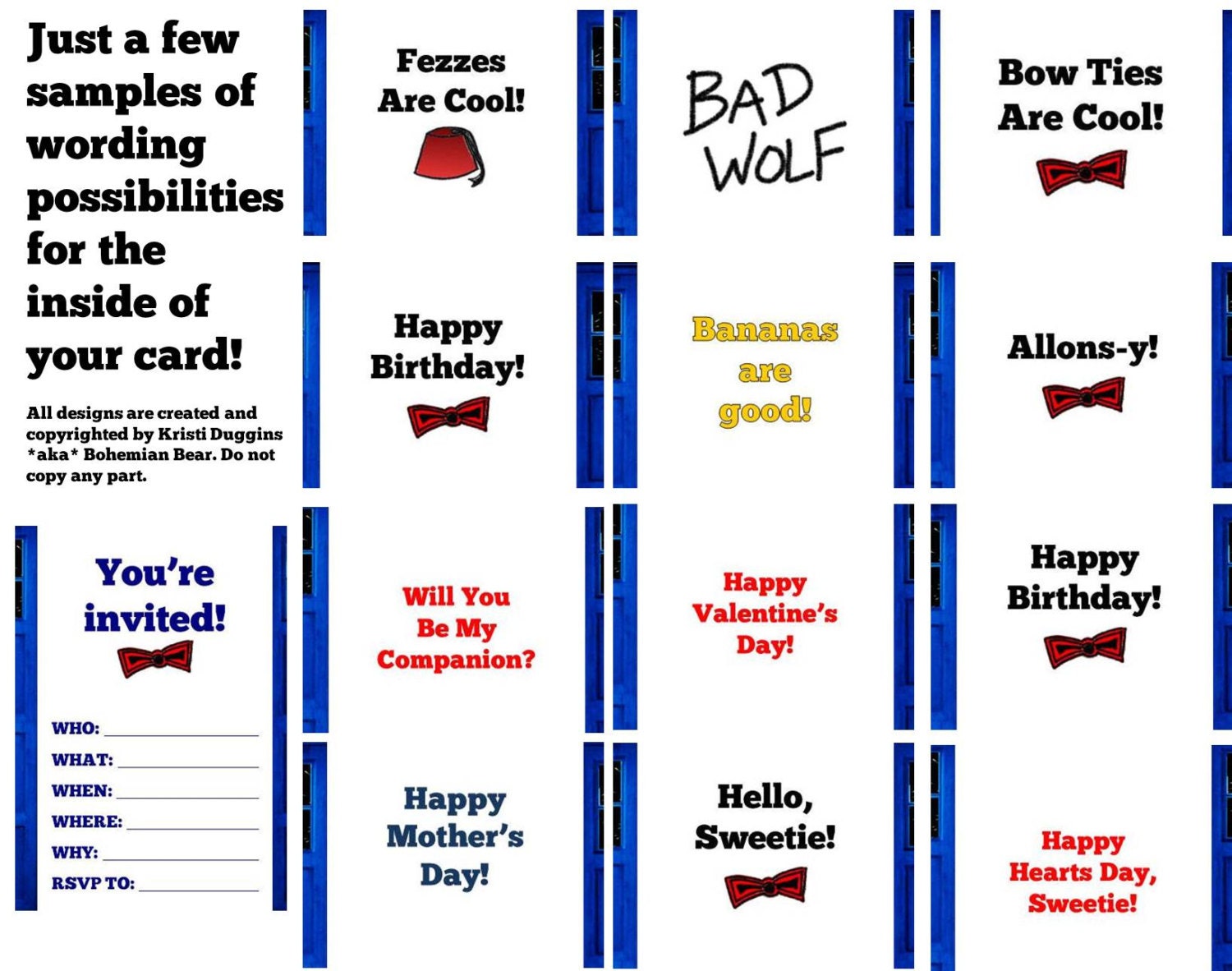 Doctor Who Inspired TARDIS Greeting Card, Blue Police Box by Bohemian Bear, Happy Mother's or Father's Day, Easter