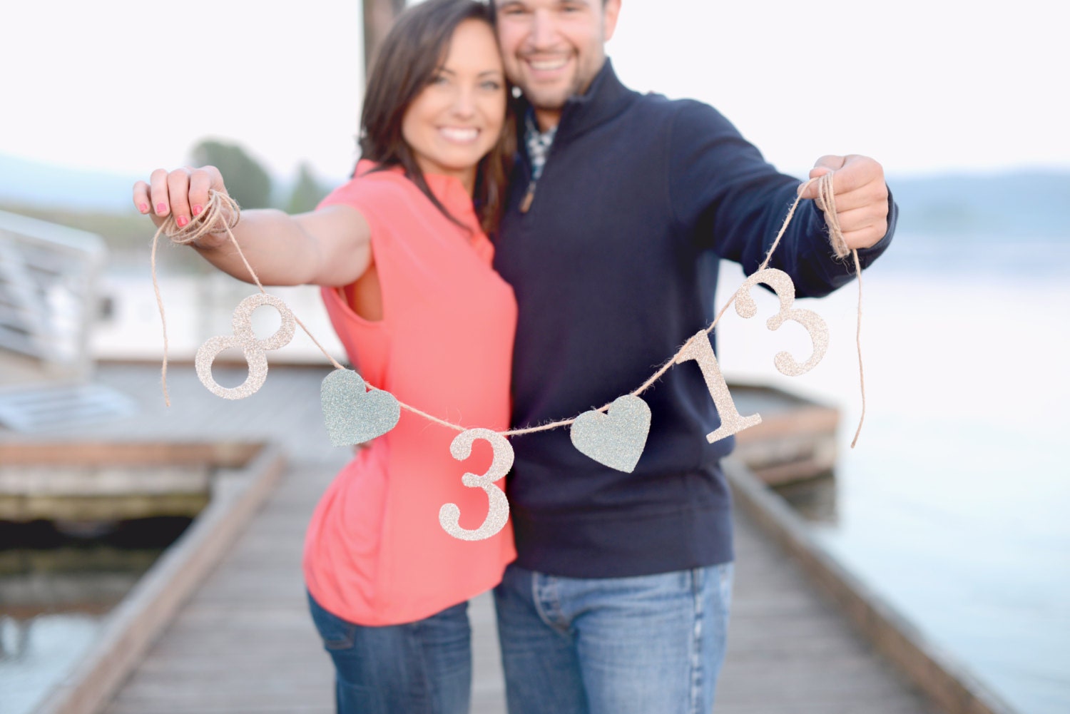 Glass Glitter Save the Date Garland with Hearts
