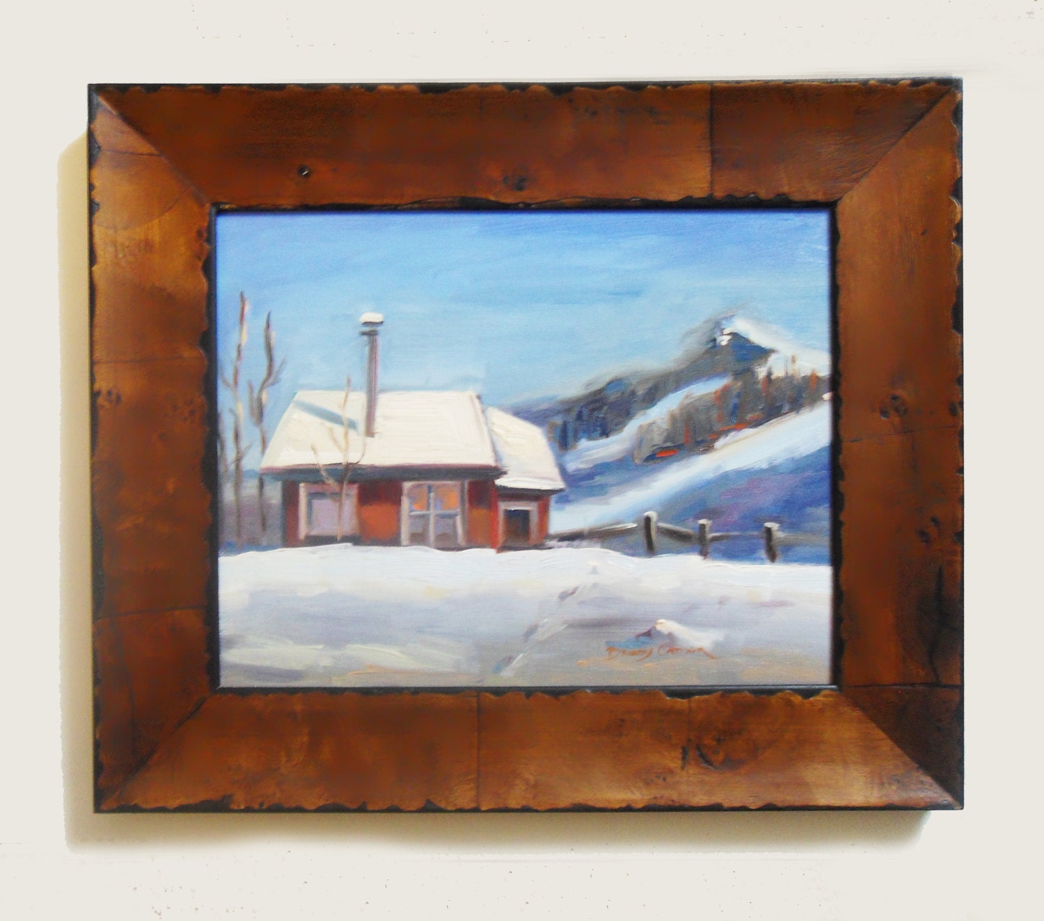 Winter Cabin, 11x14, FINE ART, original oil painting, Landscape of winter scene in mountains. Framed and ready to hang.