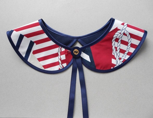 Nautical Style Detachable Handmade Collar Necklace / Red White Navy Blue Stripe Peter Pan Col with Petersham Ribbon and Sailor Style Button