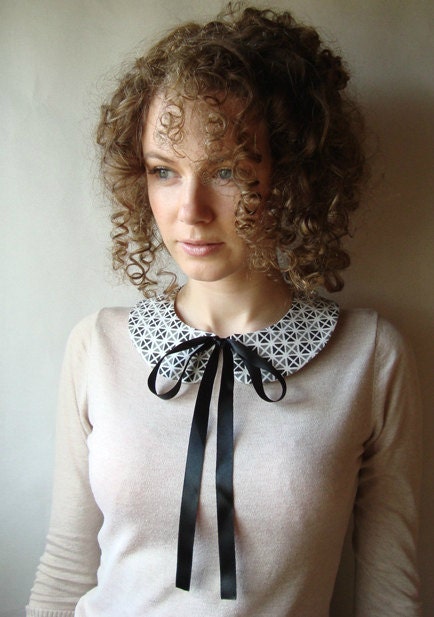 Geometric White Grey Black Handmade Detachable Peter Pan Collar with Black Satin Ribbon Closure Col Claudine Amovible