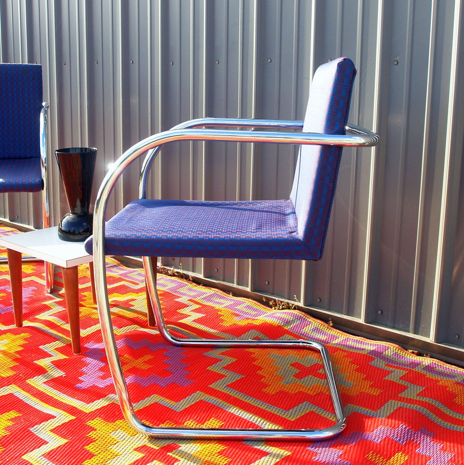 70s GLAM CHROME CHAIR Vintage Cantilever Bent Metal Tubular / Geometric Blue / Side, Dining, Office, Desk Arm Chair Retro Furniture Chicago