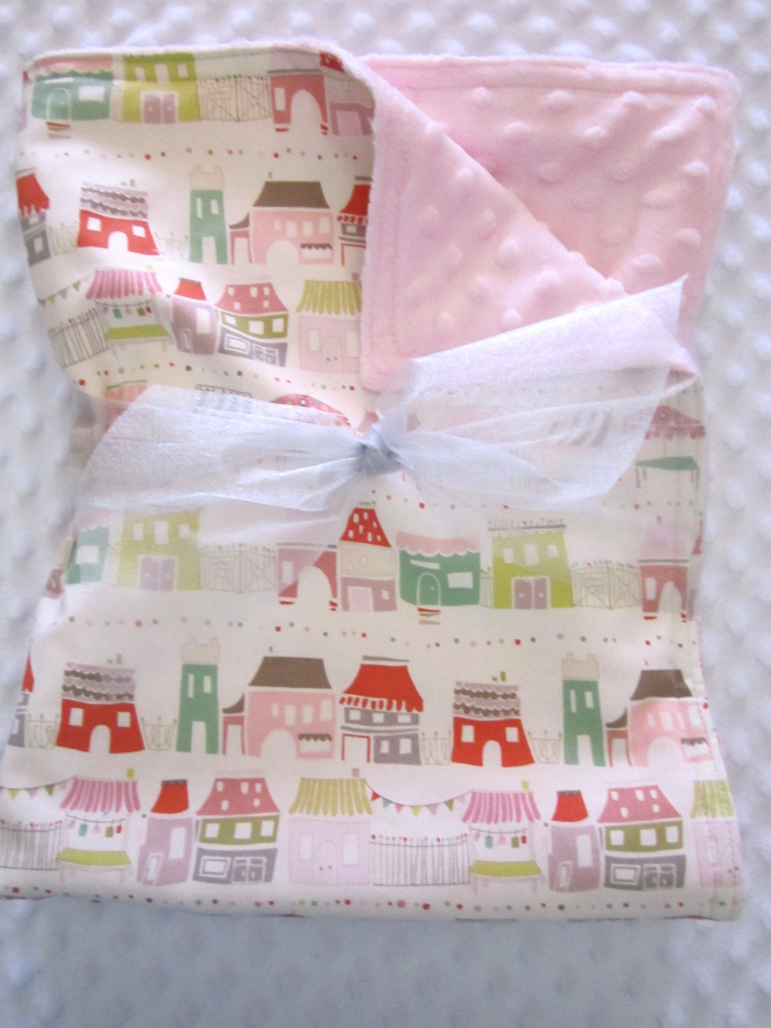 READY TO SHIP- Baby Girl Pink Minky Blanket 35" x 30" Pastel Colors - Beach Boardwalk Scene Sweet Bunting Shops - Embroidered Name