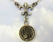 Fleur De Lys Antique Button Necklace Silver Sterling Victorian Steam Punk Necklace  BN 8
