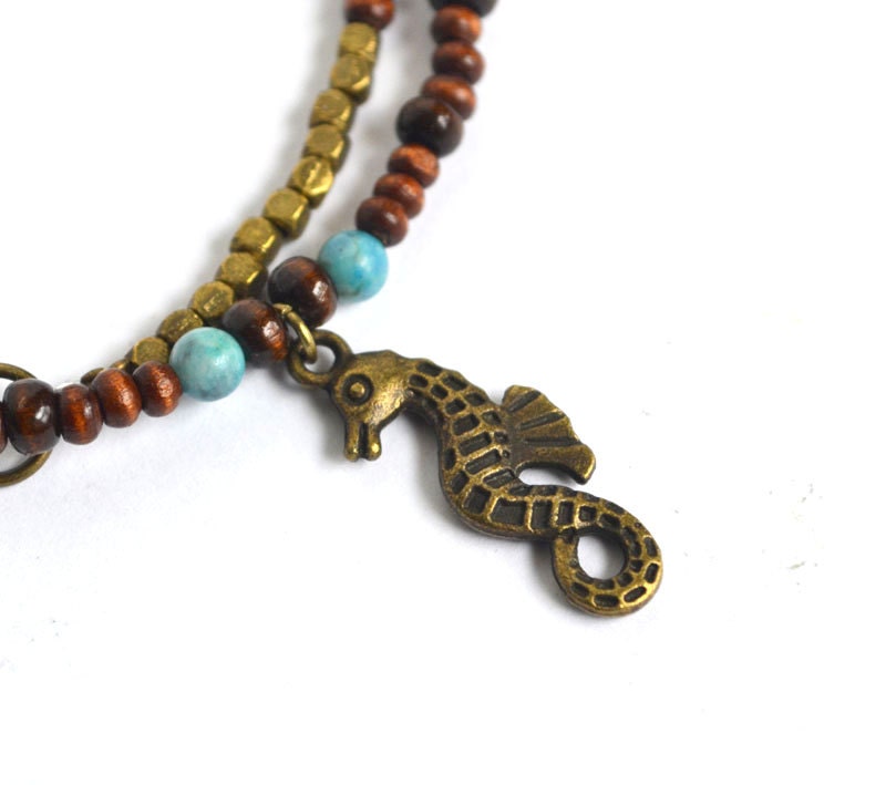 Beach Seahorse Necklace, Summer Wooden Bead Ocean Necklace, Wood and Agate Beaded Necklace, Beach inspired Jewelry,  Earthy Necklace