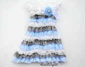White, Gray, Light Blue Lace Dress Newborn Baby,Toddler, Girl Petti Dress Photo Prop