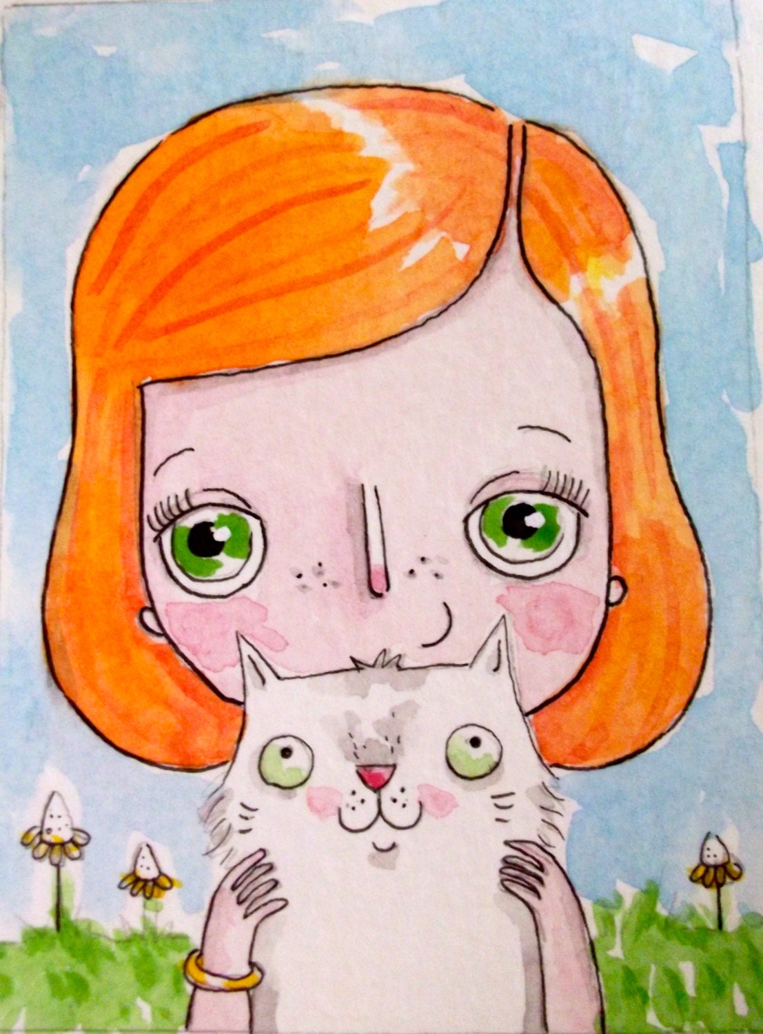 Cat and Girl ACEO Original Watercolours