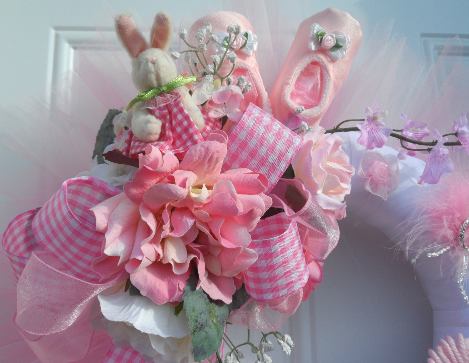 Pink Gingham Baby Wreath, Baby Shower Gift, Baby Birthday Gift, Baby Decor