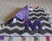 Personalized Chevron Lovey Blanket - Security Blanket - Taggie Blanket - Purple & Grey Minky Tag Blanket