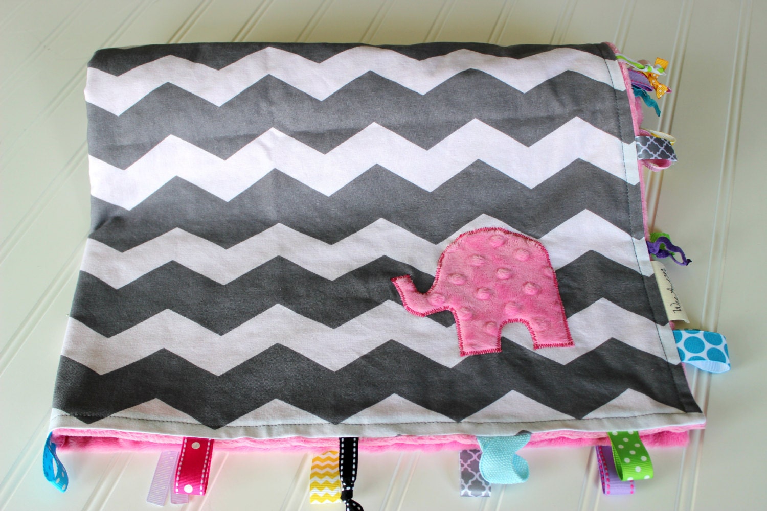 Large Chevron Tag Baby Blanket - Pink Minky Elephant - Infant Play Mat