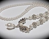 White Pearl Necklace - Angles wings pendant  - Unique - Statement Necklace - Bridal jewelry -