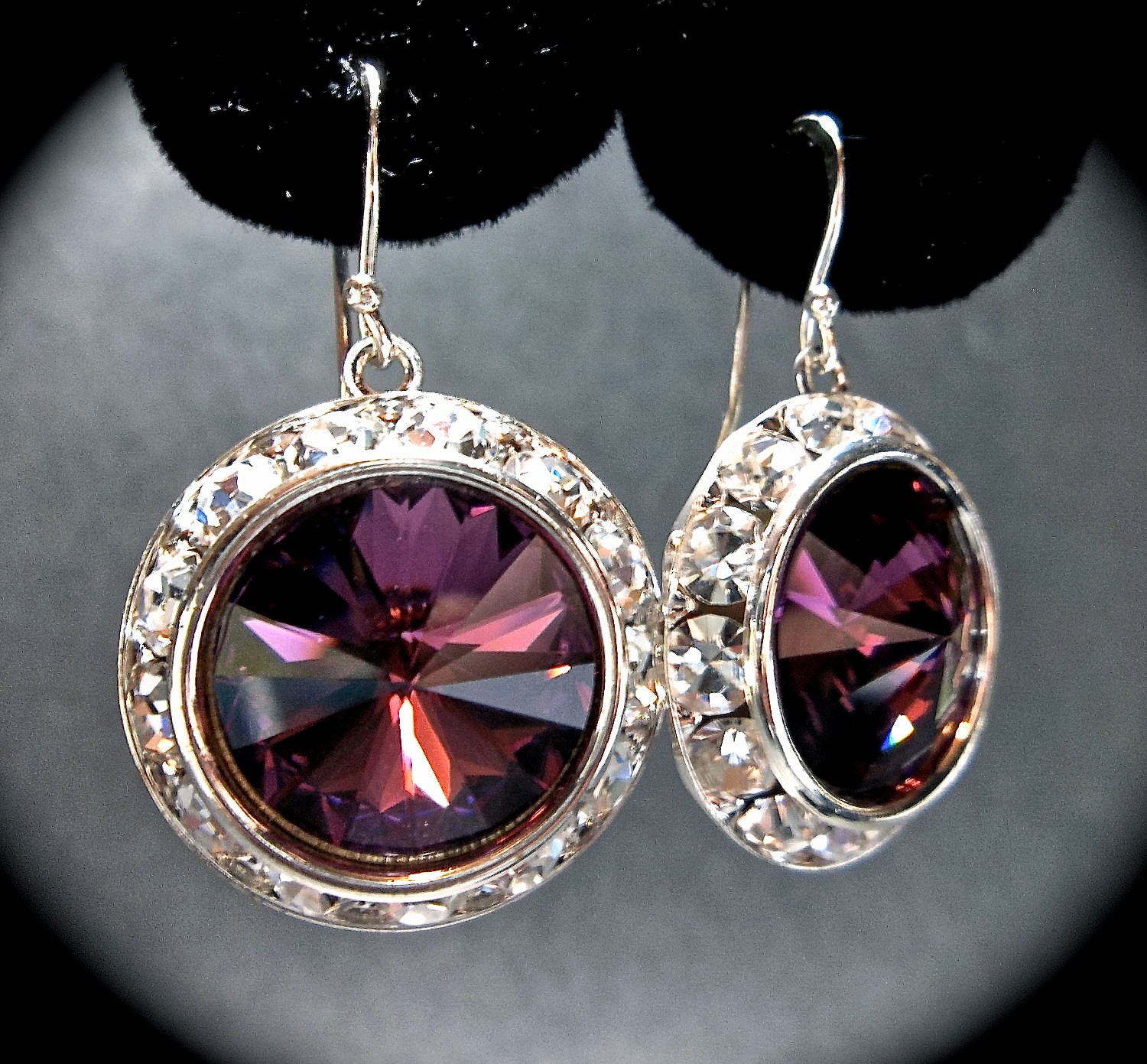 Amethyst earrings - Crystal earrings - Rivoli - Sterling Silver - February Birthday- Stunning - Bridal Jewelry -