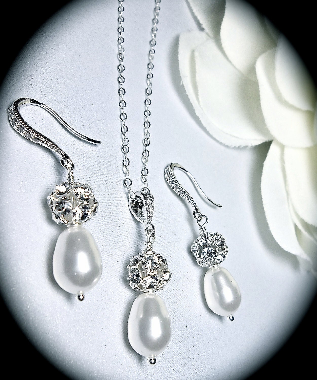 Bridal jewelry - Pearl necklace and Earrings set - Sterling Silver - Crystal rhinestones -  fireballs  -  Bridesmaids - Formal Jewelry
