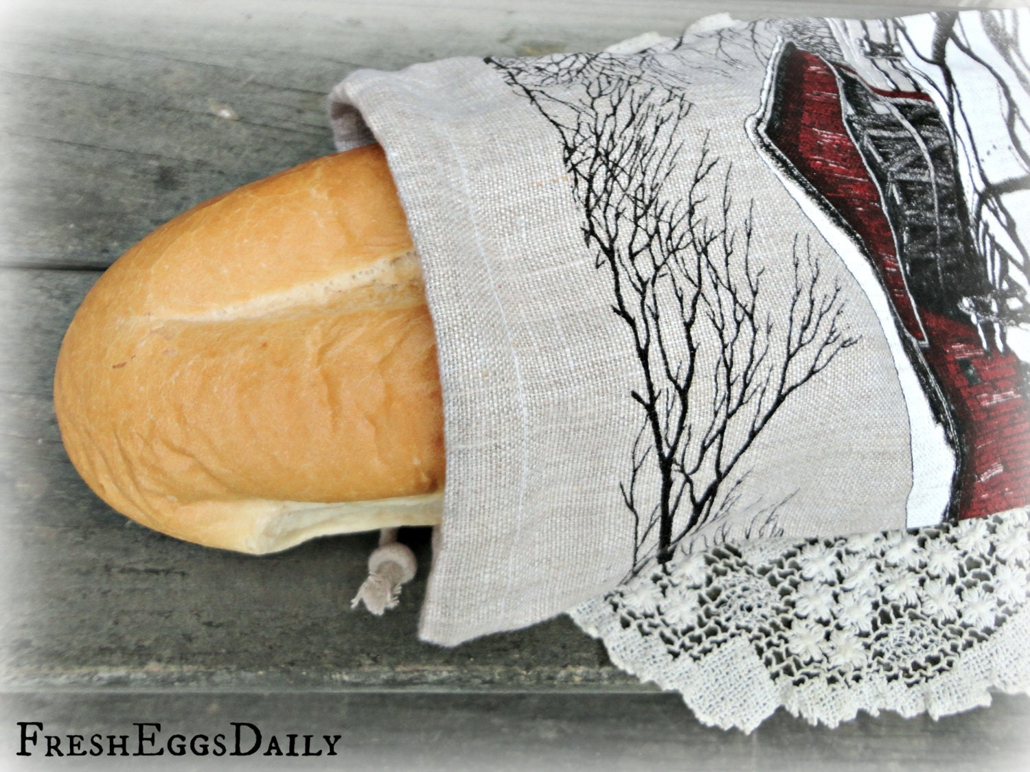 Bread Bag made from a 1973 Vintage  Linen Cloth Calendar Rustic Covered Bridge Winter Snow Motif