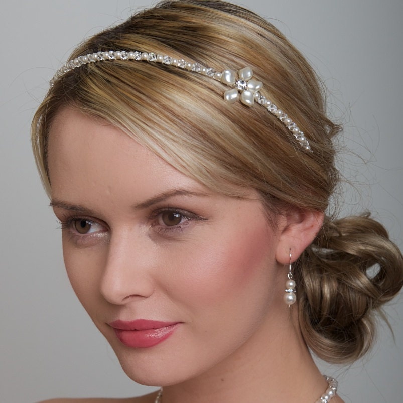 Wedding Headband, Bridal Headbands - Diamante Stones and Ivory Pearls, Wedding Hair Accessories