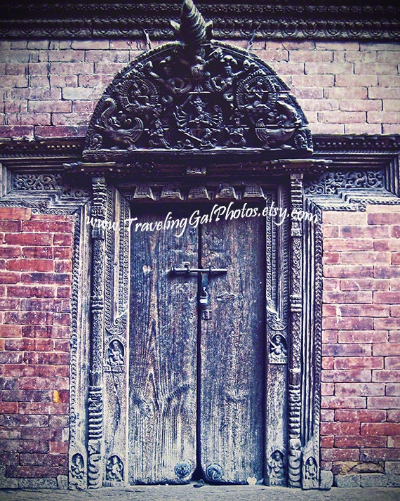 Travel photography door doorway brown red brick wood collection home decor large wall art 14x11 fine art photo