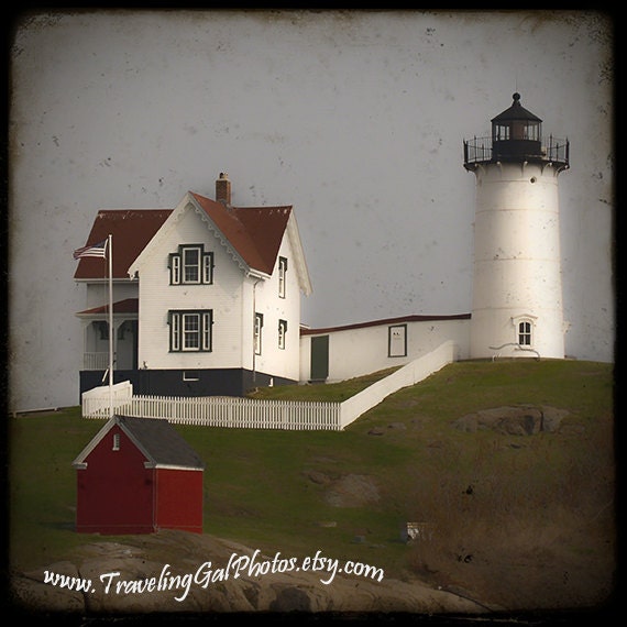 Travel photography Nubble Light York Beach lighthouse Maine blue sky green grass red white sea landscape 8x8 fine art photo TTV