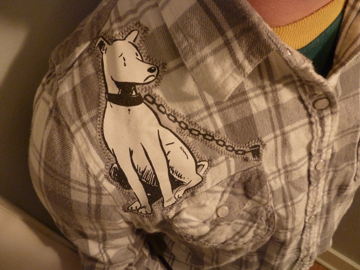 Sad Puppy Grey Plaid Flannel Snap-front Shirt (men's small, ooak)