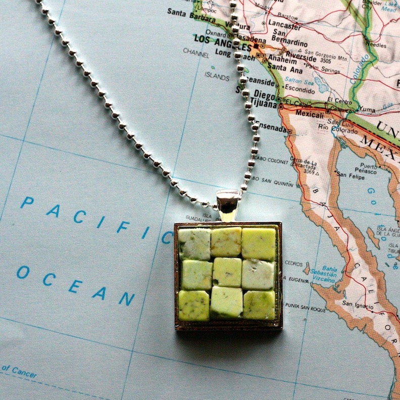 Green Square Beaded Pendant Necklace