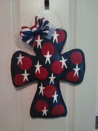 Navy Cross with Red Polka Dots and White Stars Burlap Door Hanger