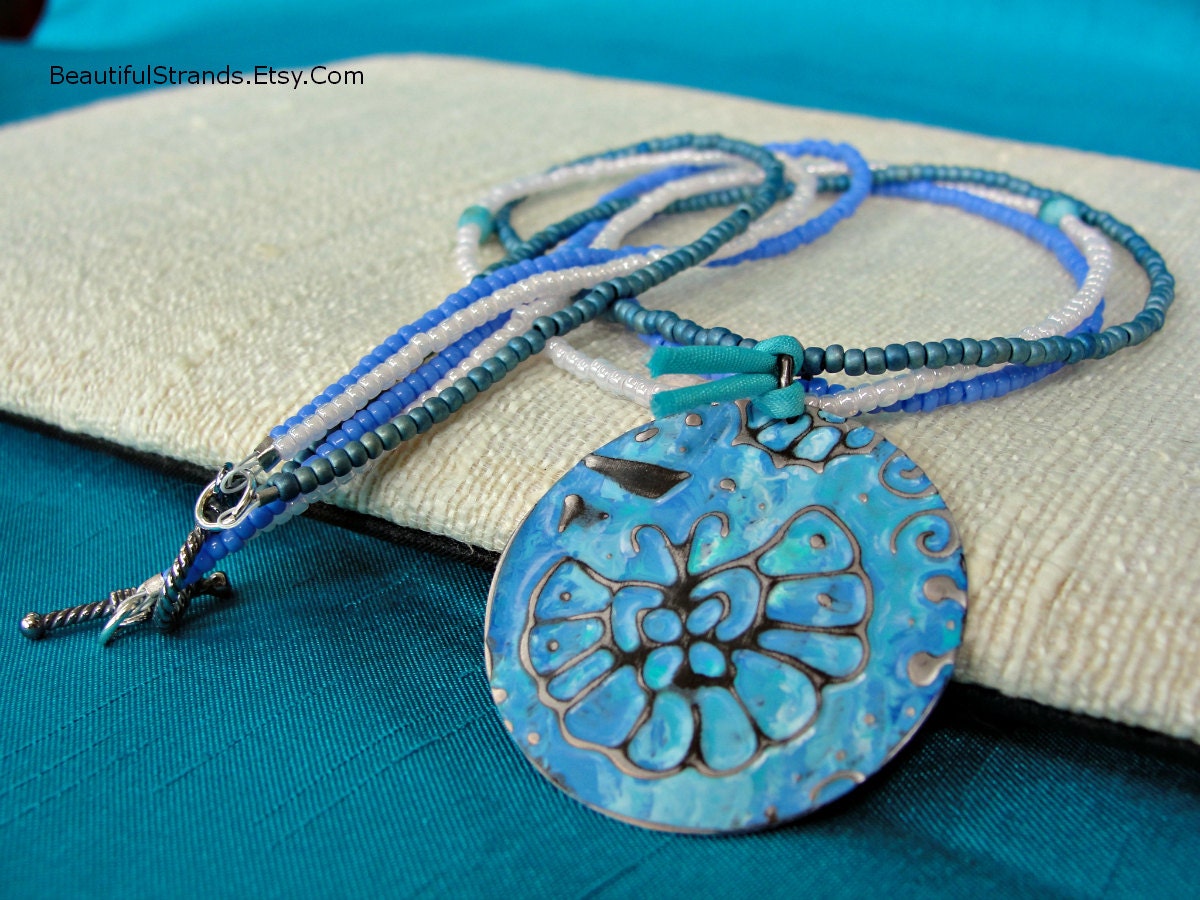 Hand Painted Metal Butterfly Pendant on Three Strand Glass Necklace