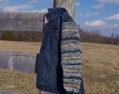 SALE Denim Jacket Women Size XL Hand Knit Sweater Sleeves Earth Tones