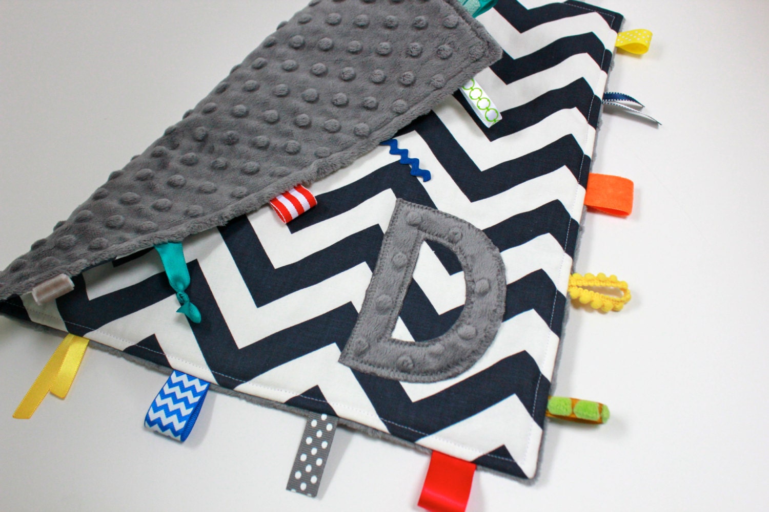 Personalized Navy Gray Chevron taggie blanket - blue Baby tag Lovey Security Sensory Ribbon Stroller Travel Minky